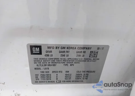 2018 Chevrolet Trax Lt z USA, uszkodzony, nr VIN KL7CJLSB7JB541897